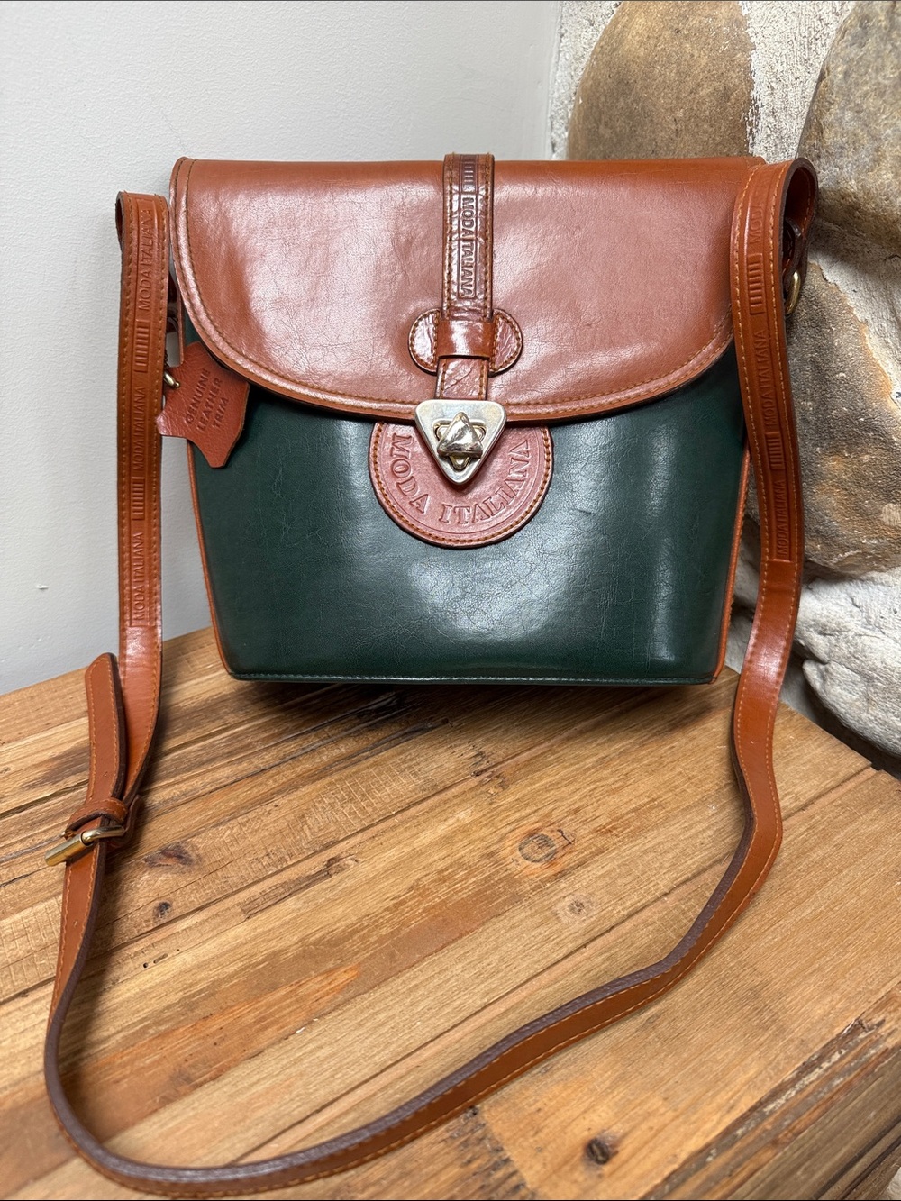 Vintage Moda Italiana Green and Brown Leather Crossbody Bag
